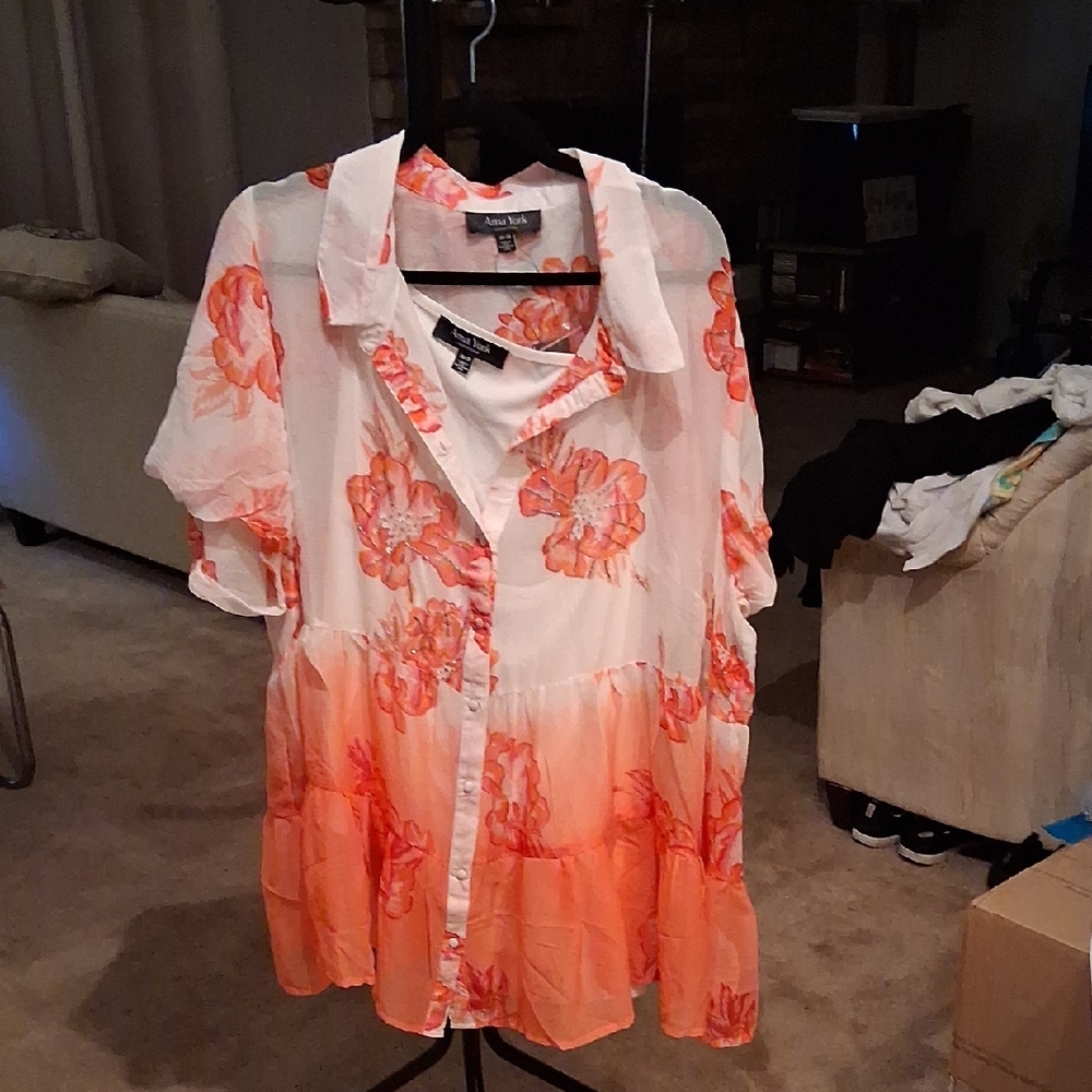 Floral Button-Down Shirt - White and Orange